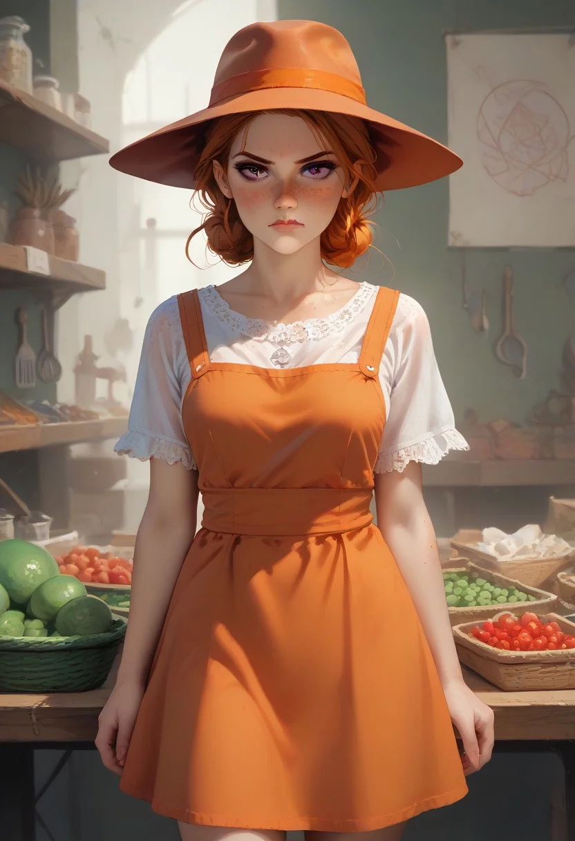 Style(score_9, score_8_up, best quality, ultra-detailed, vibrant colors, 1800's era fashion and technology, concept art, mythp0rt, hyper-realistic colorful sketch)
Subject(1girl, 22yo, cute, annoyed, ginger, hair tied back, (freckles all over: 1.2), (freckles:1.2), (pale skin:1.2), purple eyes, vampire fang, small frown, M4rket, hat, shirt, salopette, overall skirt)
Background(florist shop, green naga in background, high res image, masterpiece, cowboy shot)
