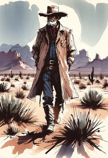 inksketch,
an old cowboy in a duster standing alone in the desert,