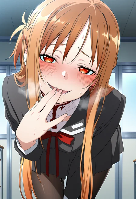 masterpiece, best quality, high resolution, source_anime, highly detailed illustration, detailed eyes,
very aesthetic, absurdres, newest, amazing quality, anime coloring, anime screenshot,
1girl, solo, anime screencap, asuna \(sao\), official art, black dress, school uniform, sweat, wet, indoors, leaning forward, pantyhose, heavy breathing, heart-shaped pupils, saliva trail, mind controlled, crazy eyes, crazy smile,
shisedupose, fingers to lips, looking at viewer, smile, blush, open mouth, blush, seductive smile,
<lora:shiSeduciveFingerV1ill:1>