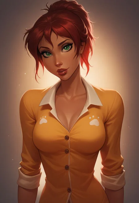 score_9, score_8_up, score_8,
JanePorterXLP, pajamas, moody lighting,
1girl, sexy girl, solo,38 years old, hair in messy ponytail, green eyes, red hair,
( perky (medium breasts)), (full juicy lips),
tan,
aroused,sunshine,
eye contact, looking seductively at viewer,
full color