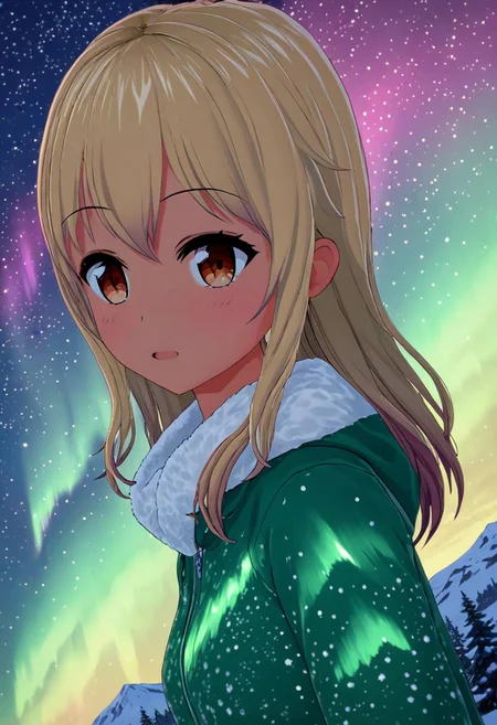 Pointillism style (((masterpiece))),(best quality),4K masterpiece,((ultra-detailed)),highly detailed,detailed shadow,
gold northern lights,closeup of sky,Composed entirely of small, vibrant, highly detailed,1 girl,full body,chika