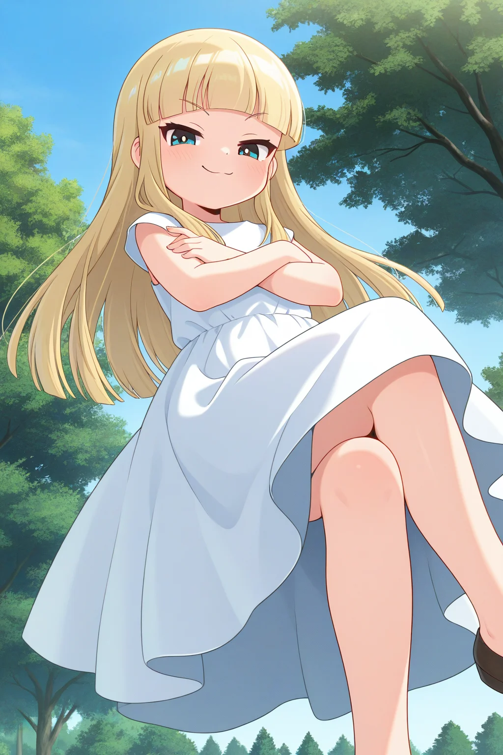 masterpiece, best quality, amazing quality, absurdres, solo, miyoakino, smile, smug, crossed arms, crossed legs, floating, flying, looking at viewer, looking down, blonde hair, white dress, outdoors, park, trees, blue sky