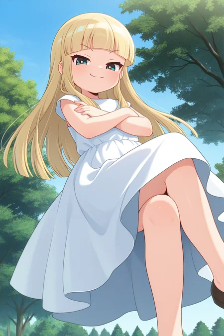 masterpiece, best quality, amazing quality, absurdres, solo, miyoakino, smile, smug, crossed arms, crossed legs, floating, flying, looking at viewer, looking down, blonde hair, white dress, outdoors, park, trees, blue sky