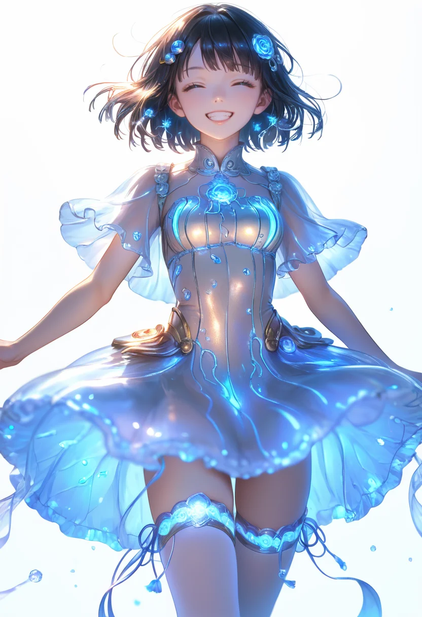 score_9, score_8_up, score_7_up, source_anime, masterpiece, best quality, perfect anatomy, very aesthetic, ((outlined outlined vector graphics)),no norm,
, cute face, (glow eyes:0.8), 1girl, 20yo, black hair, black eyes, short bob hair, hair pin,mdeium breast, slender,(white thigh strap:1.1),solo, glittering, glowing, white background , simple background, cute closed eyes , grin,
front view , looking at viewer , mdeium breast,fantasy,, standing , , action pose , blue dress,,clothed, ,(happy:1.0) ,open eyes , jellyfish outfit,jellyfish dress, gold dress, <lora:jellyfish-outfit-01:1.0>