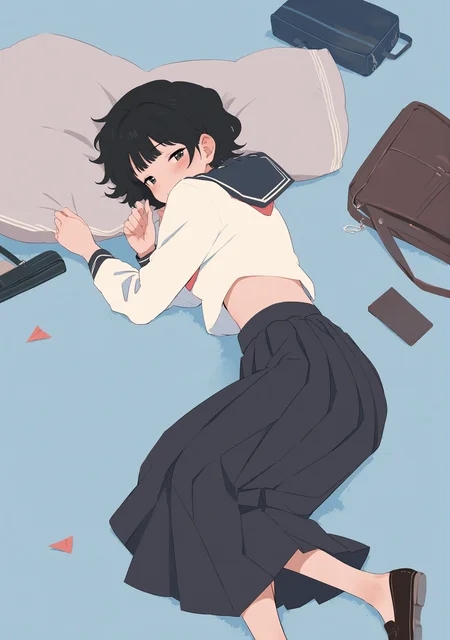 masterpiece, best quality, <lora:style44-xl-a31:1>,1girl, solo, skirt, black hair, bag, school uniform, lying, on side, serafuku, black skirt, long sleeves, shirt, black sailor collar, short hair, sailor collar, white shirt, pleated skirt, school bag, from above, red neckerchief, neckerchief, black eyes, midriff, blue background, long skirt