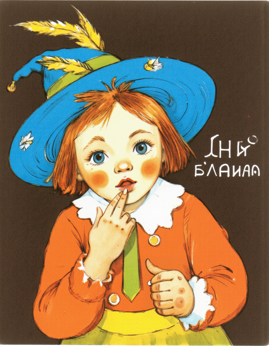 <lora:LV_NEW:1>, This is a vintage, hand-drawn illustration depicting a young child. The child is positioned centrally in the image, facing slightly to the left. They have a determined expression, with furrowed brows and a slightly open mouth, as if they are about to say something. The child has light skin and auburn hair, with a few freckles visible on their cheeks. They are wearing a blue, wide-brimmed hat adorned with yellow feathers, which adds a whimsical touch to their outfit., 
The child is dressed in a bright orange shirt with a white collar, tucked into a yellow skirt. The shirt has a green tie, adding a splash of color. The child's left hand is raised to their mouth, with their index finger extended, suggesting they are about to speak or make a point., 
The background is a dark, solid color, likely intended to make the child stand out more prominently. To the right side of the image, there is a handwritten text in Russian, which translates to "I'll tell." The illustration has a warm, nostalgic feel, characteristic of vintage children's books, with a simple yet expressive style.