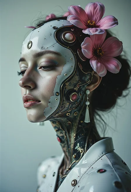 analog style, smooth soft skin, close-up beautiful fractal flower decorated with snow-white Japanese empress beautiful body, science fiction, futuristic, utopian, machine parts, body parts, wires, circuits, high detail, octane rendering, cinematic, Ayami Kojima, Karol Bak, Greg Hildebrandt and Mark Brooks, hauntingly surreal, gothic, highly detailed and intricate, rich deep colors., science fiction, intricate artistic masterpiece, ominous, matte film poster, golden ratio, trending cgsociety, twisted, epic, trending on artstation, author artgerm, ch.r. Giger and Beksinski, science fiction, intricate art masterpiece, sinister, matte painting movie poster, golden ratio, trending cgsociety, intricate, epic, trending on artstation, by artgerm, h. R. Giger and Beksinski, highly detailed, vibrant, cinematic character rendering, ultra-high quality model