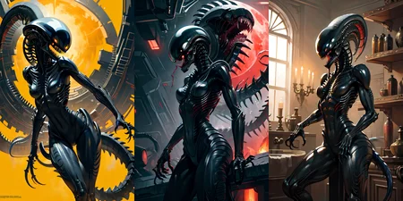 (otherworldly), highly insanely detailed, masterpiece, top quality, best quality, highres, 4k, 8k, RAW photo, (very aesthetic, beautiful and aesthetic), 
__lazy-wildcards/cosplay-char/alien-predator/xenomorph/prompts__, 
<lora:FemXeno:0.6>, 
(1girl:1.3), eyes focus, 
__lazy-wildcards/dataset/background__,âââ