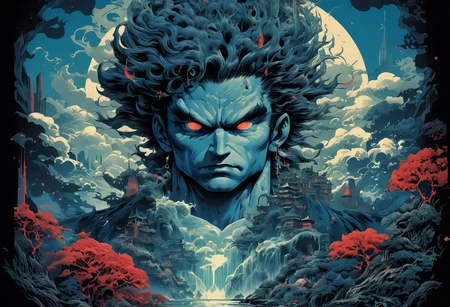 Anime illustration inspired by the four elements of nature, reminiscent of the style of James Jean, the iconic Goku from Dragon Ball navigates a port city setting, depicted in a poster format akin to the detailed atmospheric portraits of John Pitre, combining elements of deathcore and biopunk horror art. The dark and intricate scene unfolds with unique illustrations and precisionist oil painting techniques, incorporating airbrushed mystical landscapes and intricate psychedelic details, all in a palette of dark azure and red, evoking a witchcore aesthetic.