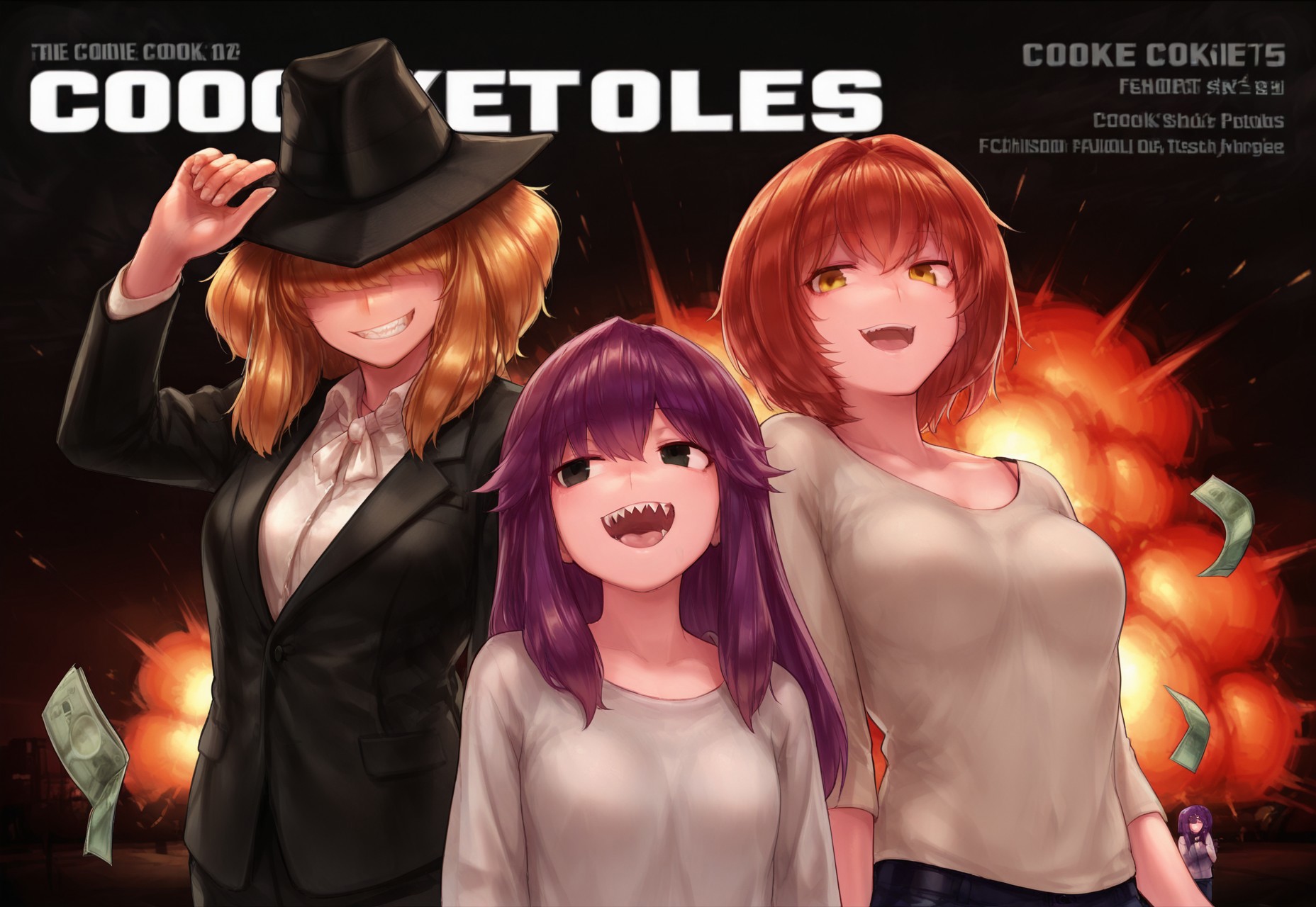 best quality, masterpiece, 

3girls, side-by-side,
taisa \(cookie\), jigen \(cookie\), hinase \(cookie\), 
blonde hair, short hair, curly hair, hair over eyes,
(purple hair:1.2), long hair, sharp teeth, grin,
red hair, short hair, open mouth, smile,
yellow eyes, black eyes, tongue,

adjusting headwear, money,
hat, no headwear,
casual, formal clothes, fashion,

side-by-side, title, poster (medium), movie poster,

explosion,