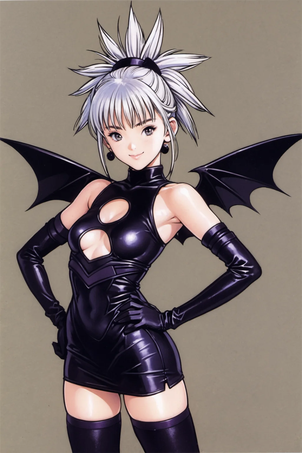 1girl,solo,wings,jewelry,gloves,dress,thighhighs,earrings,elbow gloves,black dress,short dress,hand on hip,clothing cutout,cleavage cutout,black thighhighs,bare shoulders,breasts,black gloves,smile,looking at viewer,shiny clothes,sleeveless,sleeveless dress,turtleneck,simple background,cowboy shot,bangs,bat wings,zettai ryouiki,shiny,yellow background,ponytail,closed mouth,grey eyes,standing,contrapposto,white hair,hair ornament,small breasts,<lora:Katsura Masakazu_XL_V2:0.9>,