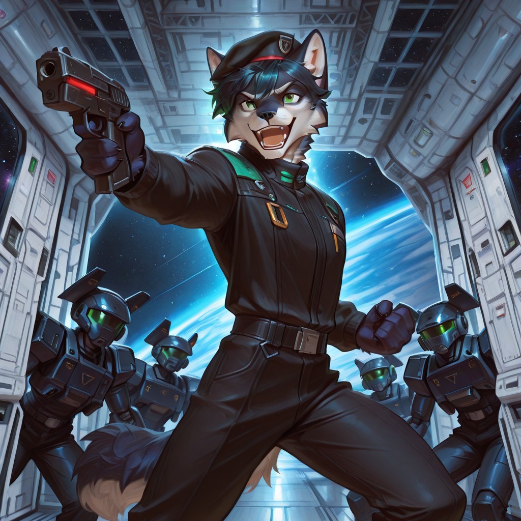highly detailed, best quality, masterpiece, detailed background, detailed fur, detailed eyes,
1boy, Wilfred Howlett, green eyes, smiling, 
Black uniform, black pants, black beret, holding laser pistol, shooting stance, open mouth, shouting, surrounded by robots,
Indoors, space station, futuristic background
