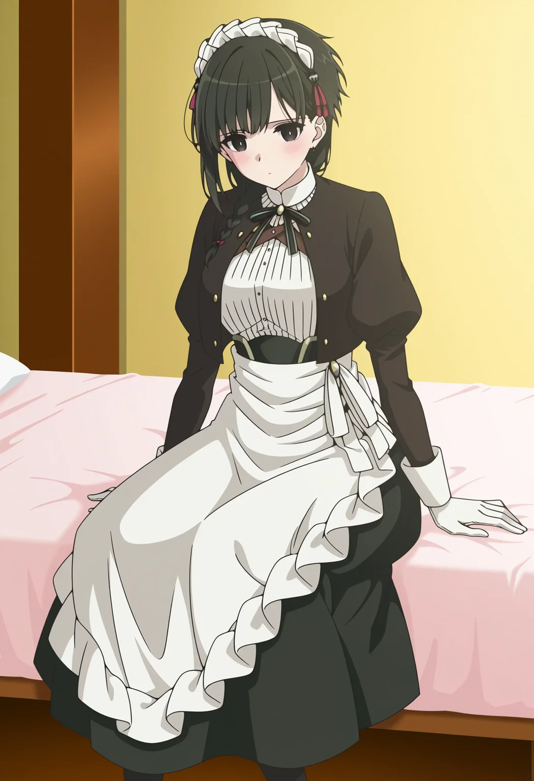 <lora:Yuki_illustrious-000028:1>,
YAMS_YK,solo,
braid,black eyes,black hair,short hair,
maid apron,white gloves,maid headdress,maid,
blush,cowboy_shot,indoor,bed,sitting,feet out of frame,looking_at_viewer,black legwear