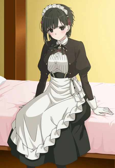 <lora:Yuki_illustrious-000028:1>,
YAMS_YK,solo,
braid,black eyes,black hair,short hair,
maid apron,white gloves,maid headdress,maid,
blush,cowboy_shot,indoor,bed,sitting,feet out of frame,looking_at_viewer,black legwear