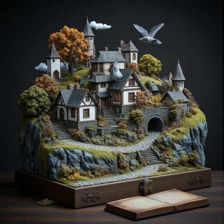This is a miniature diorama that recreates a town lined with old buildings reminiscent of Medieval Europe, and a world where young, beautiful witches fly through the sky on broomsticks. It is placed next to a grimoire. Each roof and wall is carefully weathered, and professional lighting gives it an indistinguishable finish from the real thing.
<lora:Flux.1_Turbo_Detailer:0.7>, <lora:Diorama_Flux:0.9>