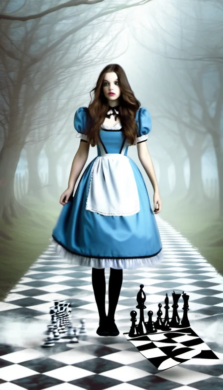 Alice in Wonderland running with very long dark brown hair in the wind and a blue maid dress with short sleeves and black tights in the dreamy fog with a tiled floor chess board landscape in front of her <lora:Everly Heights TaleSpinner XL:1>