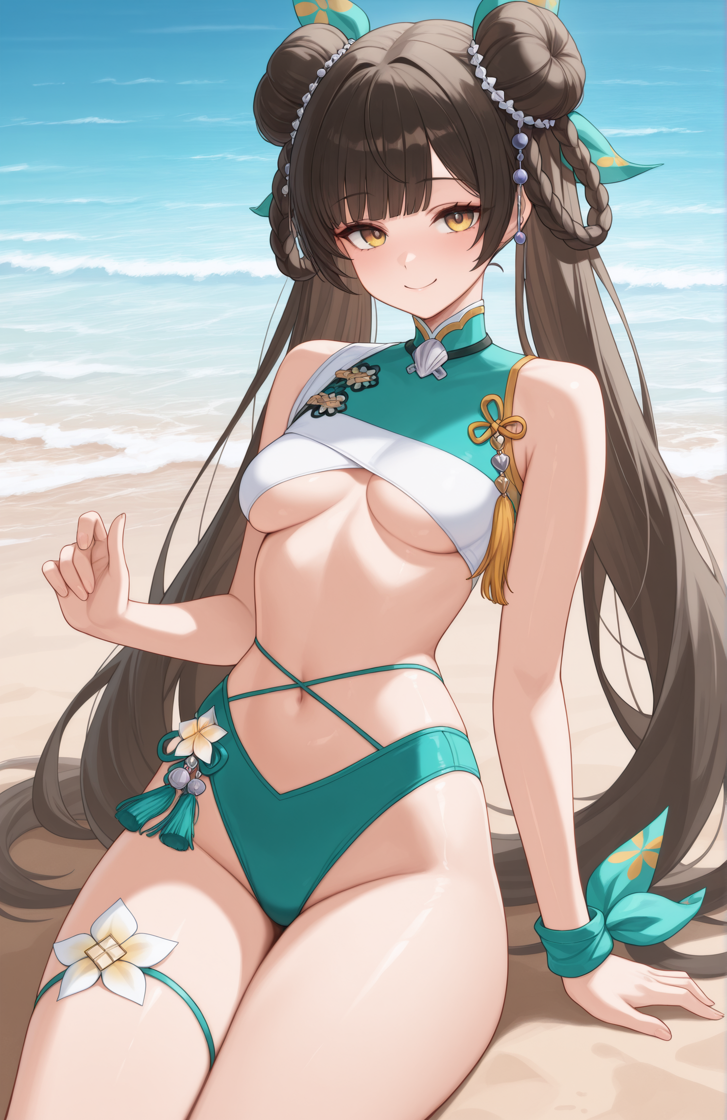 masterpiece, best quality, 1girl,  Ldn, black hair, yellow eyes, double bun, low twintails, braided hair rings, cross-laced bikini, multicolored bikini, charm (object), aqua bikini, white bikini,  hair ornament, wrist ribbon, tassel, hair ribbon, pendant choker, thigh strap, underboob, bare shoulders, hair beads, looking at viewer, smile, beach,  <lora:Summer toast 5:1>