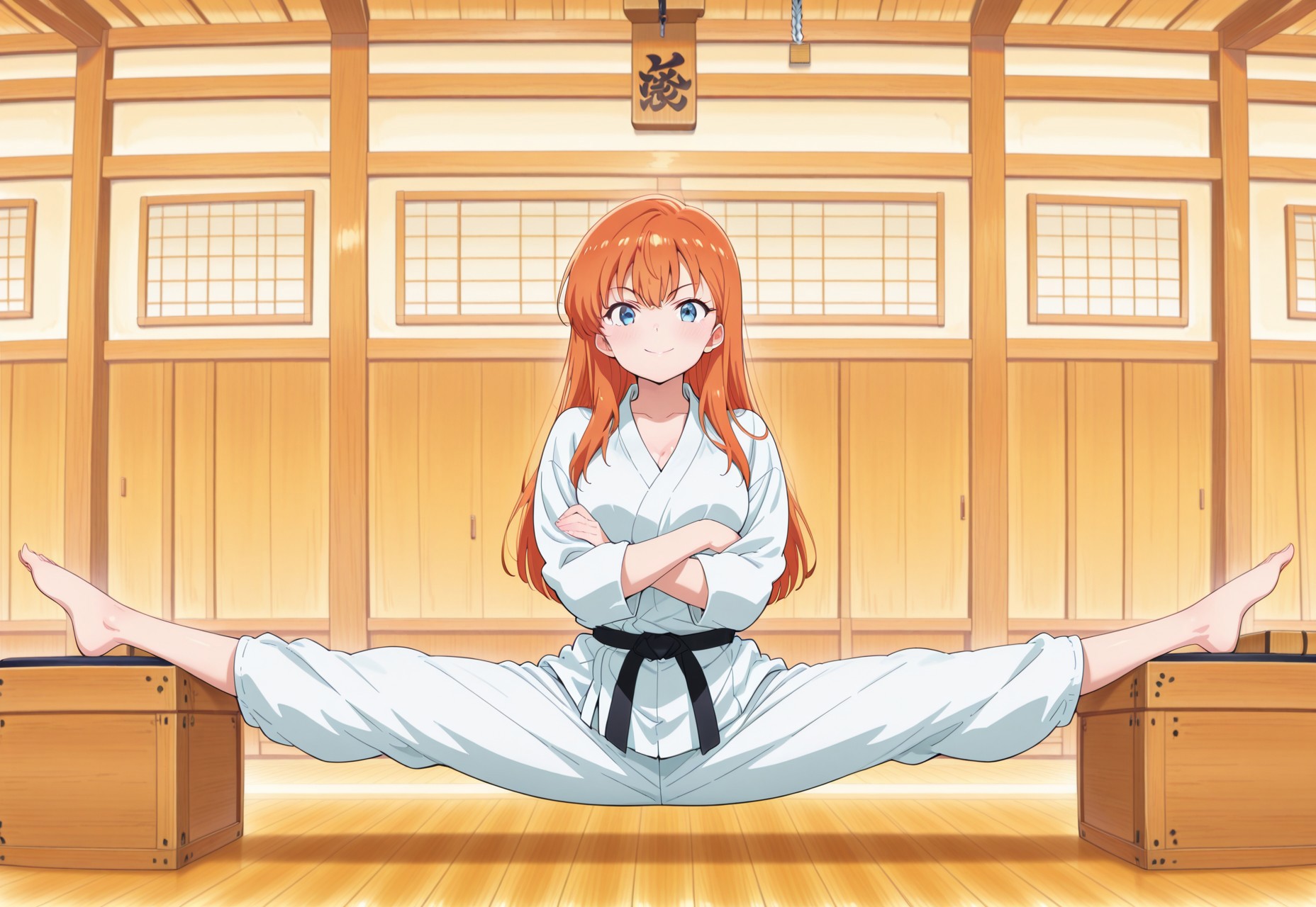 masterpiece,best quality,amazing quality, ((splitpose)), ((elevatedSplit)), box, 1girl, solo, barefoot, long hair, ((above ground)), dojo, orange hair, blue eyes, smile, looking at viewer,