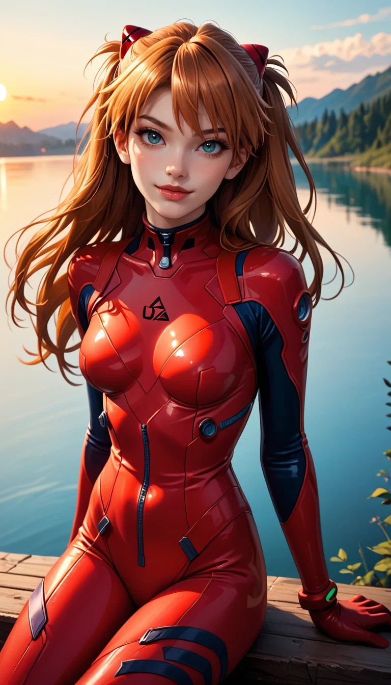 score_9, score_8_up, score_7_up, Cowboy Shot, Asuka Langley Soryu, cute, seductive, innocent, light smile:0.3, plump lips, slender body, long hair, floating hair, red plugsuit, sitting, sunset, lake background, 4n1v3rs3, depth of field, dynamic angle, fashion photography, sharp, hyperdetailed:1.15