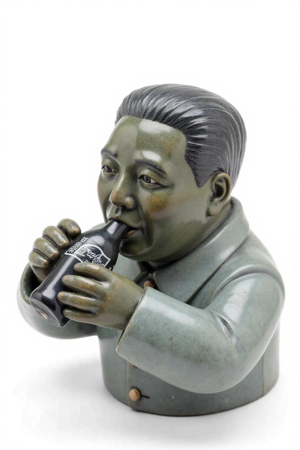 sculpture of chaiman Mao driking coca cola. Background is stark white <lora:inuit_cap_d6a3e12:0.8><lora:821725457025231982:0>