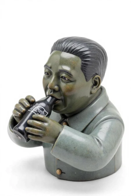 sculpture of chaiman Mao driking coca cola. Background is stark white <lora:inuit_cap_d6a3e12:0.8><lora:821725457025231982:0>