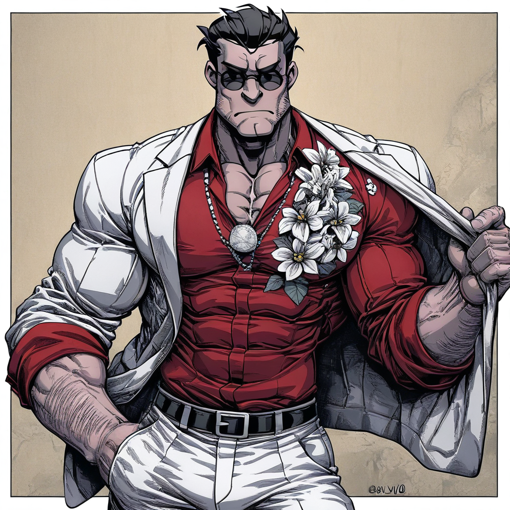 masterpiece, best quality, newest, absurdres, highres, INCV1.0, 1boy, helltaker (helltaker), black hair, short hair, muscular, muscular male, sunglasses, glasses,  white jacket, white pants, black belt, red shirt, formal clothes, flower in clothes, open jacket