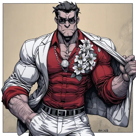 masterpiece, best quality, newest, absurdres, highres, INCV1.0, 1boy, helltaker (helltaker), black hair, short hair, muscular, muscular male, sunglasses, glasses,  white jacket, white pants, black belt, red shirt, formal clothes, flower in clothes, open jacket