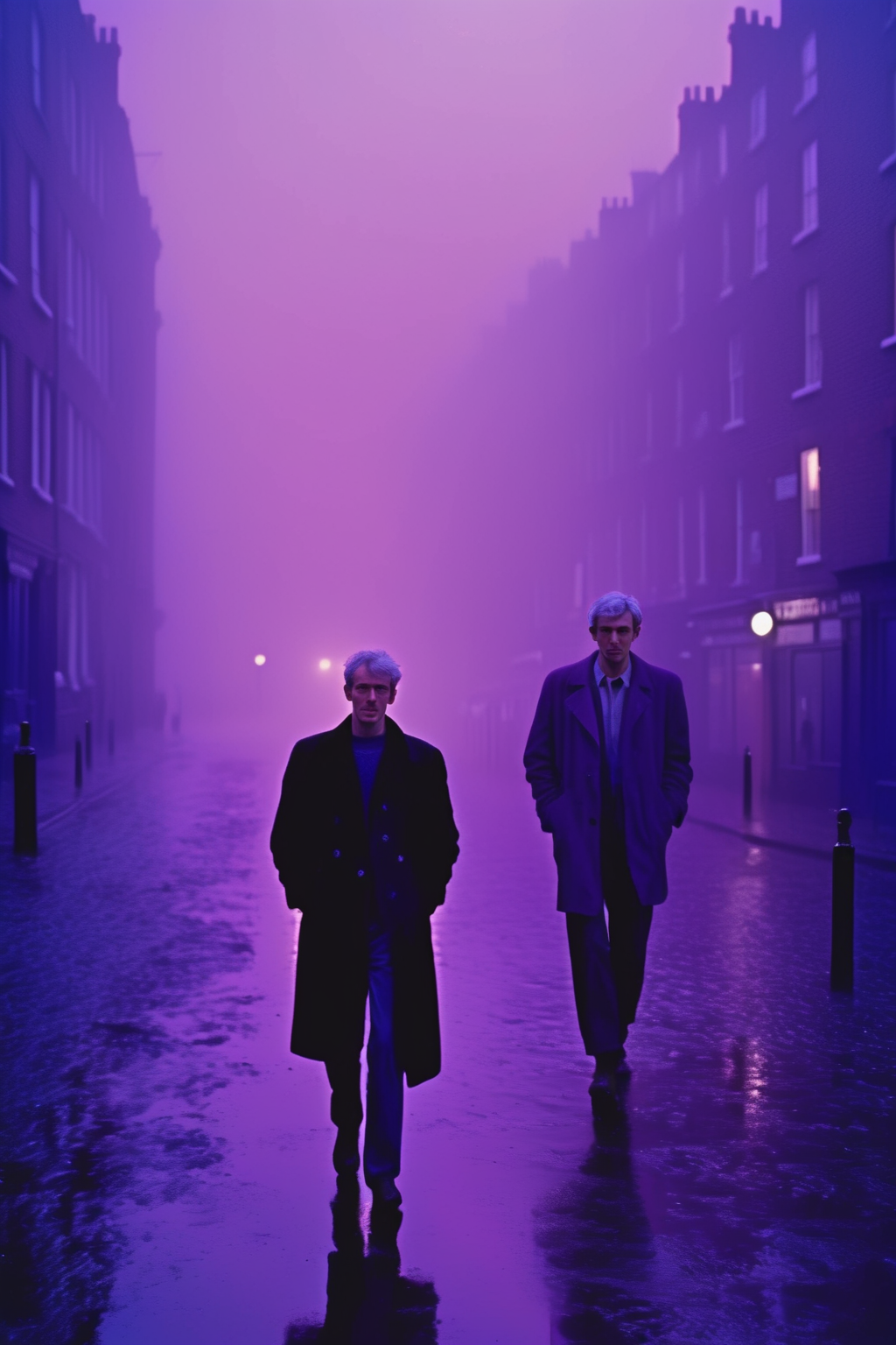 <lora:Roger Deakins Style:1>Roger Deakins Style - Street style, medium-full photo shot on Agfa Vista 200 of a French man with rosy cheeks, short grey hair, walking, muddy street, blue background mist, extremely misty background, misty purple background atmosphere, blue & purple backlit mist, misty late-night, SoHo