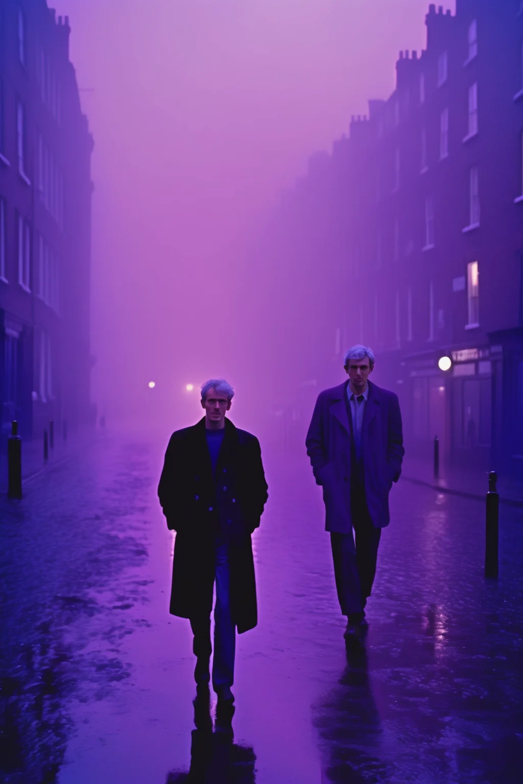 <lora:Roger Deakins Style:1>Roger Deakins Style - Street style, medium-full photo shot on Agfa Vista 200 of a French man with rosy cheeks, short grey hair, walking, muddy street, blue background mist, extremely misty background, misty purple background atmosphere, blue & purple backlit mist, misty late-night, SoHo