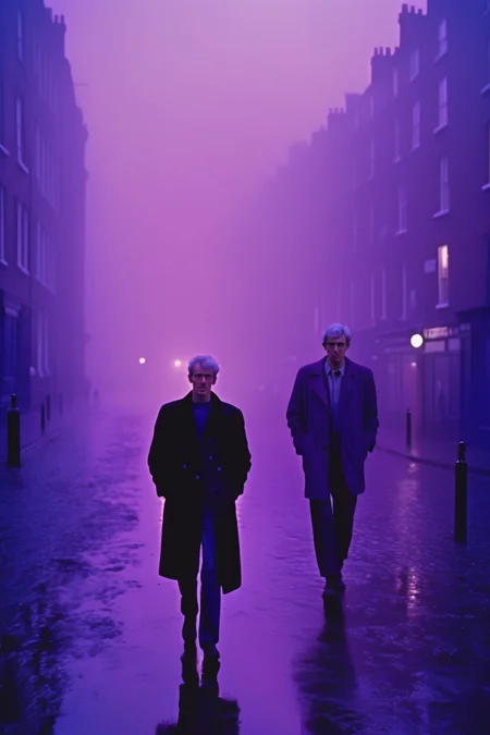 <lora:Roger Deakins Style:1>Roger Deakins Style - Street style, medium-full photo shot on Agfa Vista 200 of a French man with rosy cheeks, short grey hair, walking, muddy street, blue background mist, extremely misty background, misty purple background atmosphere, blue & purple backlit mist, misty late-night, SoHo