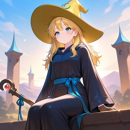 ancient tower, panoramic view, peaceful sky, sitting pose, relaxed mood, fantasy town in the distance,1girl, <lora:BlackMage_CostumeV2_Illustrious:1.0>,Blackmage_cos,black robe,witch hat,yellow_headwear,wide ,sleeves,gloves,hat ornament,blue_sash,holding staff,, masterpiece, best quality, amazing quality, newest