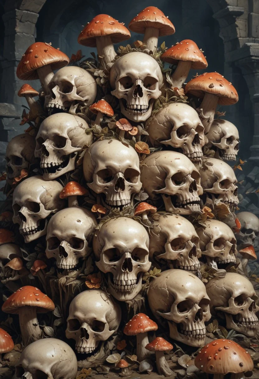 pile of skulls with a mushrooms growing from them in a dungeon overalldetail