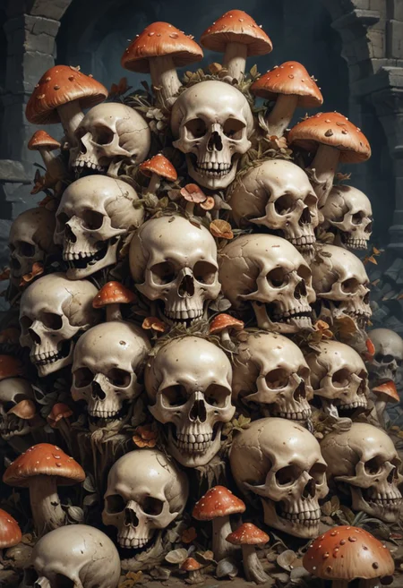 pile of skulls with a mushrooms growing from them in a dungeon overalldetail