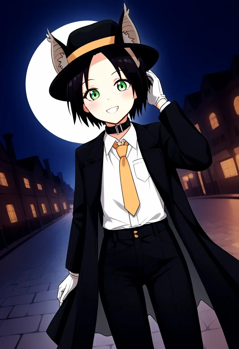 score_9, score_8_up, score_7_up, score_6_up, score_5_up, score_4_up,, 1girl, solo, original anime, Chii Suimori, bat girl, short hair, black hair, bat ears, fluff on ears, bald forehead, flat chest(green eyes: 1.1),
lora:fedora-ponyxl-lora-nochekaiser:1>, fedora, hat, mob hat, black hat,, outdoors, night, moon, street, bolo tie, trench coat, hand on headwear, collar, gloves, necktie, pants, suit, looking at viewer, smile, blush, black coat, white vest,, solo, dutch angle, cowboy shot,