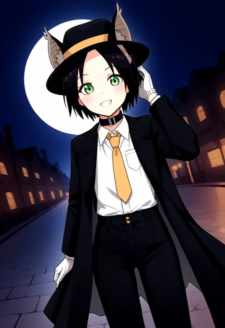 score_9, score_8_up, score_7_up, score_6_up, score_5_up, score_4_up,, 1girl, solo, original anime, Chii Suimori, bat girl, short hair, black hair, bat ears, fluff on ears, bald forehead, flat chest(green eyes: 1.1),
lora:fedora-ponyxl-lora-nochekaiser:1>, fedora, hat, mob hat, black hat,, outdoors, night, moon, street, bolo tie, trench coat, hand on headwear, collar, gloves, necktie, pants, suit, looking at viewer, smile, blush, black coat, white vest,, solo, dutch angle, cowboy shot,