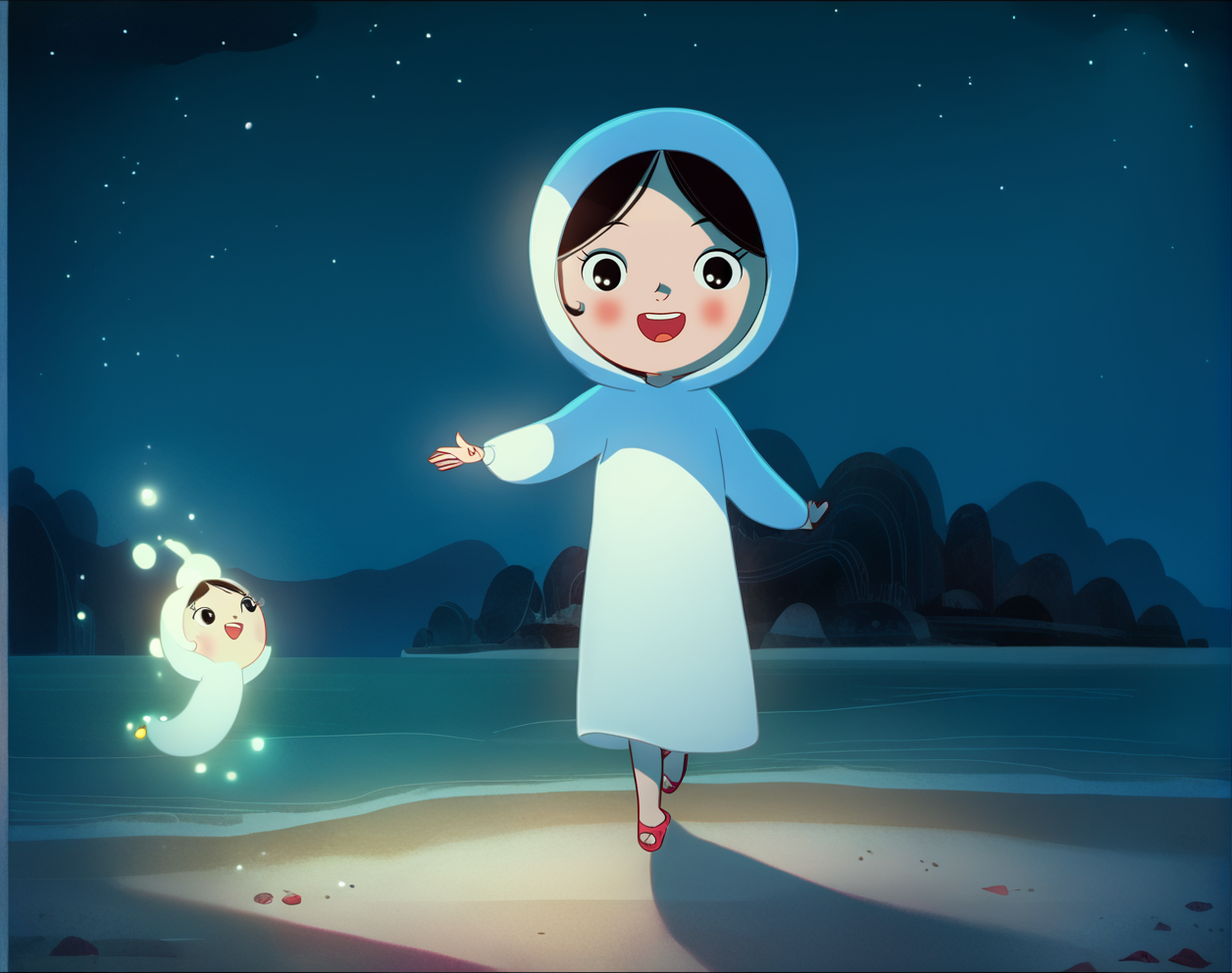 zPDXL3, source_cartoon, Perfect Hands, full body, 
1girl, solo, saoirse, black hair, flat chest, blush, ghost, (((hood down))), short hair, bare foot, glowing, night, beach, stars, dancing, looking at viewer, reaching at viewer, happy, magical, (detailed background:1.3), wide shot,
<lora:Perfect Hands:1><lora:Saoirse_-_The_Song_of_the_Sea:1>