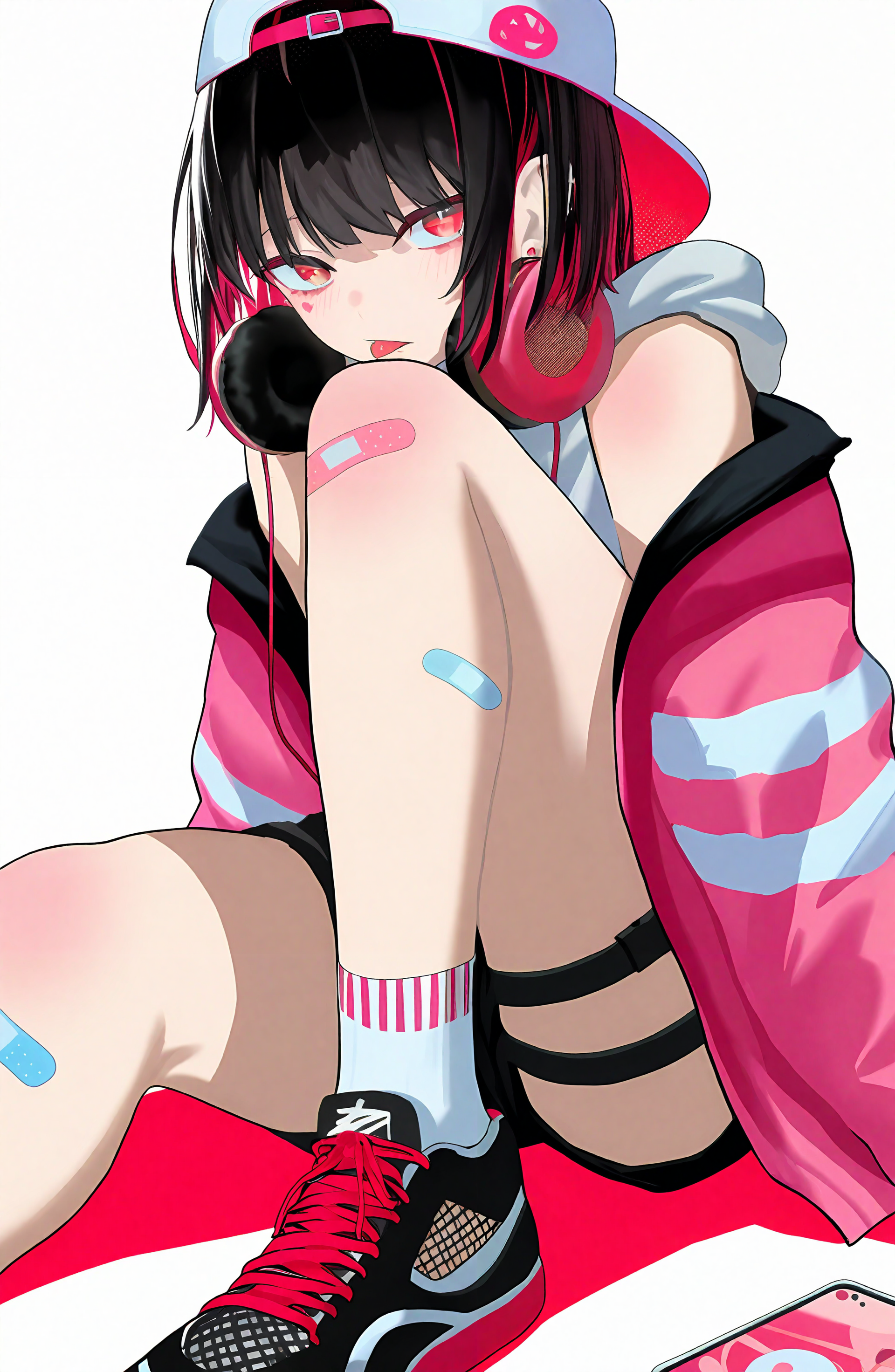 1girl, solo, looking_at_viewer, black_hair, white_background, red_eyes, hat, sitting, jacket, pink_hair, multicolored_hair, shorts, shoes, socks, hood, pink_eyes, nail_polish, short_shorts, thigh_strap, white_headwear, black_shorts, headphones, piercing, hood_down, sneakers, bandaid, baseball_cap, knee_up, pink_jacket, headphones_around_neck, bandaid_on_leg