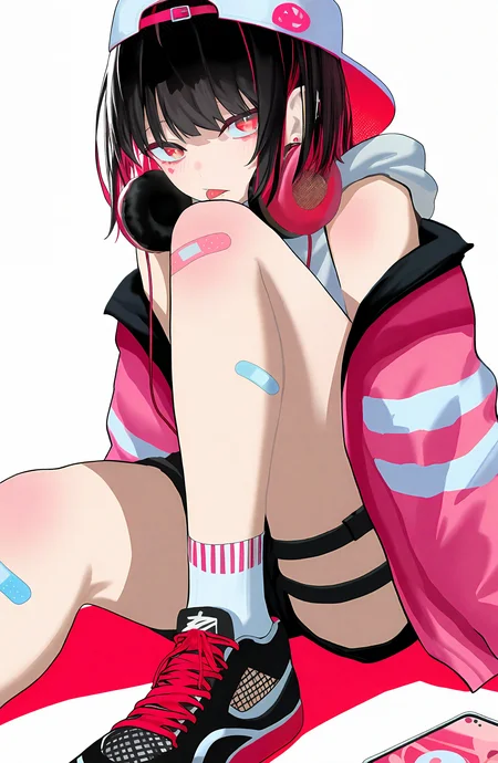 1girl, solo, looking_at_viewer, black_hair, white_background, red_eyes, hat, sitting, jacket, pink_hair, multicolored_hair, shorts, shoes, socks, hood, pink_eyes, nail_polish, short_shorts, thigh_strap, white_headwear, black_shorts, headphones, piercing, hood_down, sneakers, bandaid, baseball_cap, knee_up, pink_jacket, headphones_around_neck, bandaid_on_leg