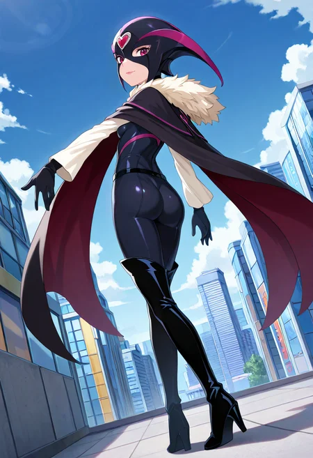 masterpiece, best quality, absurdres, very aesthetic, general,
crmsblack, 1girl, solo, mask, cape, ass, thigh boots, bodysuit, black gloves, day, outstretched arm, building, fur trim, pink eyes, cloud, small breasts, looking at viewer, looking back, full body, standing, skin tight, short hair, purple eyes, black footwear, red eyes, black bodysuit, black legwear, lips, high heel boots, outdoors, shadow, city, blue sky, closed mouth, makeup, outstretched hand, pants, shiny clothes, belt, spandex, dutch angle, long sleeves, white sleeves, long legs, from behind, light smile, from side, skyscraper, shiny, black cape, walking, legs, knee boots, multicolored, elbow gloves, fur-trimmed cape, lipstick, twisted torso, eyelashes, brooch, choker, black thighhighs, cityscape, heart jewelry, forehead jewel
<lora:cure_muse_shirabe_ako_illustXL_locon_v1:0.7>