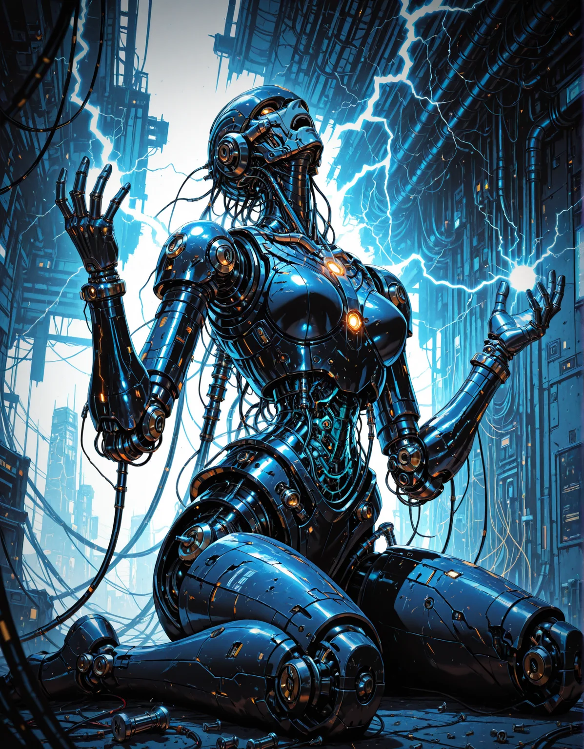 masterpiece, best quality,high quality, newest, highres,8K,HDR,absurdres, solo, sitting, no humans, glowing, wariza, robot, science fiction, on floor, electricity, cable, joints, robot joints, damaged, mechanical parts, wire, humanoid robot, screw, bolt, Countless lightning, electric shock, open mouth, Open five fingers,hands up, Bent back, Low Angle
<lora:iLLMythM4gicalL1nes:1> M4gicalL1nes