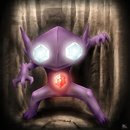 <lora:Slimes_Sableye:1>, slimes_sableye, sparkle, legs apart, straight-on, looking at viewer, signature, 1boy, rocky grotto background, masterpiece