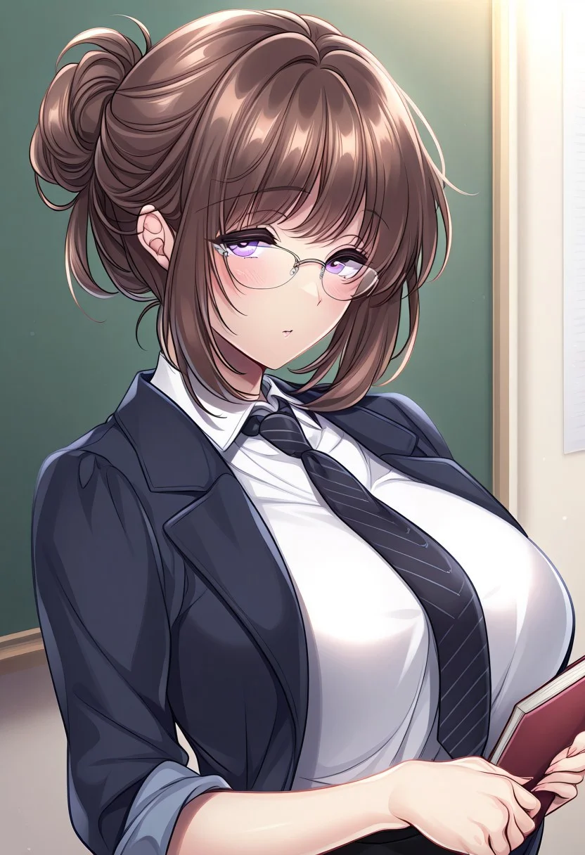 masterpiece, best quality, newest, highres, uncensored, 1girl, Hagino Umi,Brown Hair, Side Tail, Waist Length Hair,Violet Eyes,Big Breasts, Pale, Slim, Young-adult,
1girl,front view, looking at viewer, standing, upper body, holding a book, bangs, white shirt, teacher, shirt, blue jacket, glasses, single hair bun, necktie, rolled up sleeves, masterpiece, 8k, intricate details, ultra detailed, hyper detailed, ultra detailed hair, ultra detailed face, ultra detailed hair, ultra detailed body