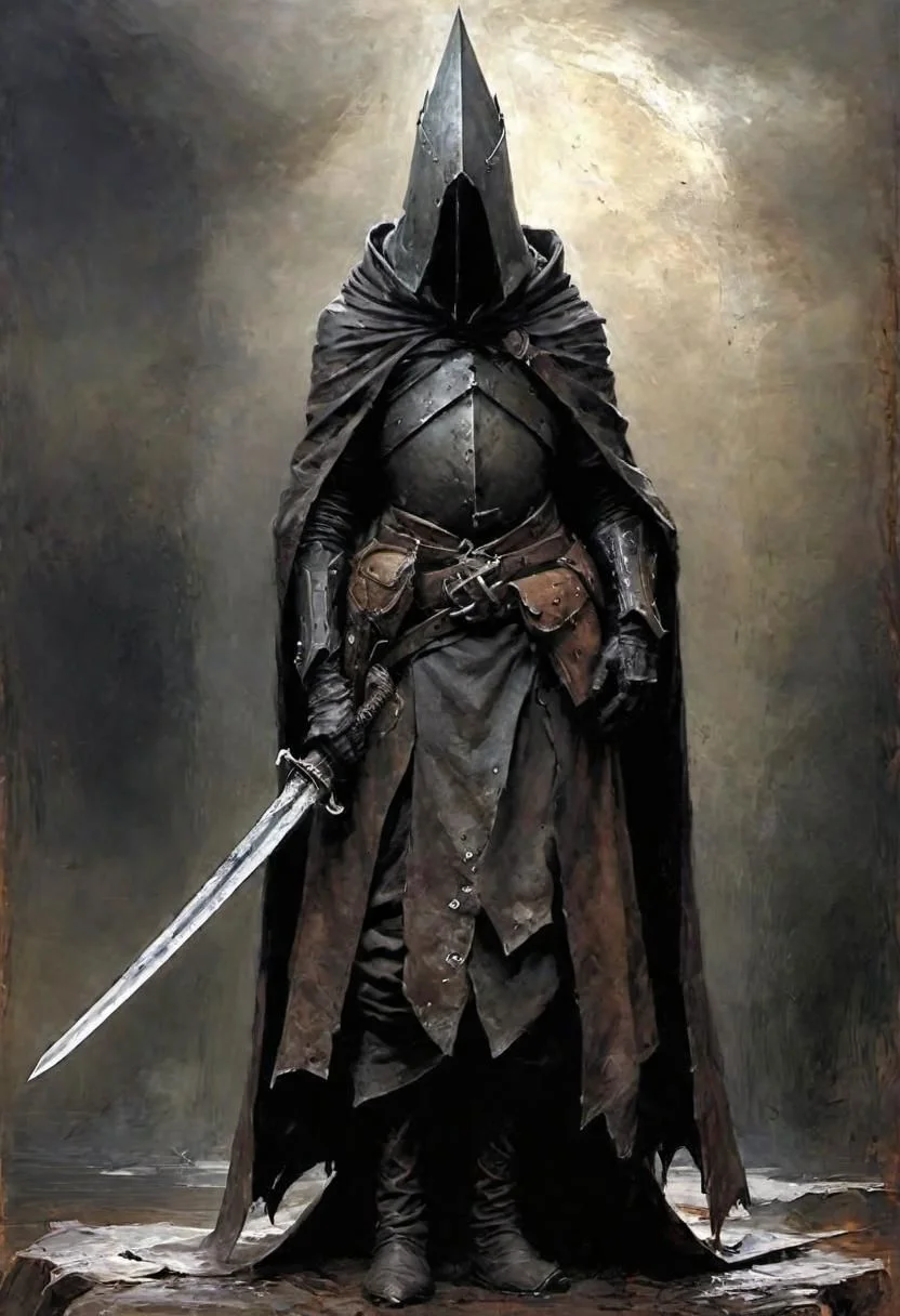 videogame art of (((Abyss Watchers)))
wearing (ragged, brigand, holding a giant metal sword, leather tunic, metal plates and cloth, pointy shaped helmet, sewn together), gothic, legion, by Jean-Baptiste Monge and Nicola Samori, Nazgul from lord of the rings, coif leather