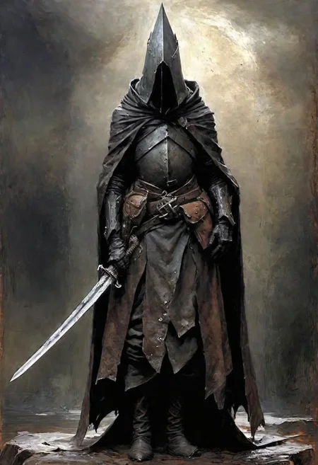 videogame art of (((Abyss Watchers)))
wearing (ragged, brigand, holding a giant metal sword, leather tunic, metal plates and cloth, pointy shaped helmet, sewn together), gothic, legion, by Jean-Baptiste Monge and Nicola Samori, Nazgul from lord of the rings, coif leather