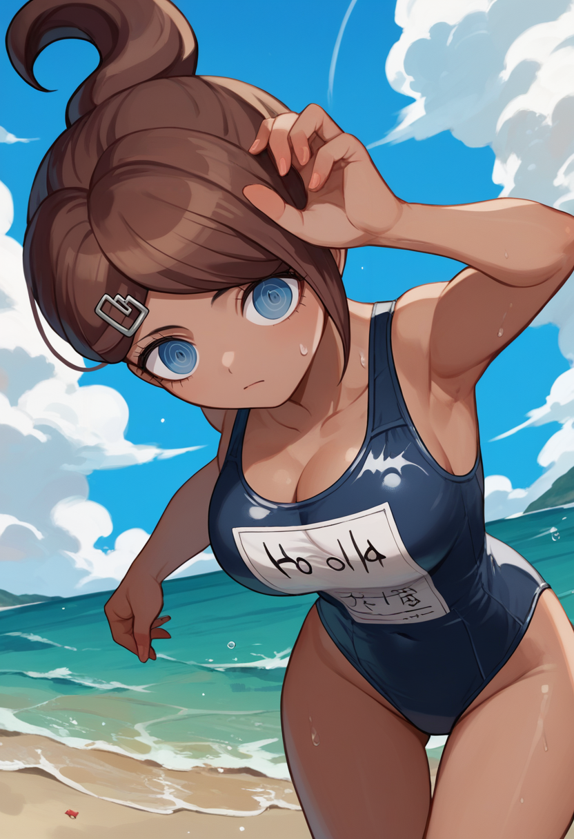 score_9, score_8_up, score_7_up, source anime, 1girl, Hina, brown hair, ponytail, blue eyes, dark-skinned female, hairpin,  solo, one-piece swimsuit,  beach, <lora:Asahina Aoi0doughnut-000008:1>