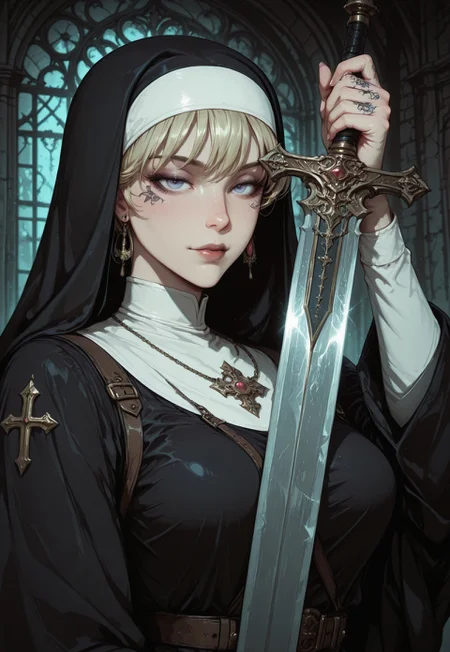 Unfazedfantasii, vantablack, OBxiaoxiang
A mystical woman nun,
A sensually rebellious nun, her forbidden allure highlighted by intricate tattoos peeking out from beneath her traditionally modest habit. Holding a gleaming longsword with a confident grip, her face fills the frame with an intensity that draws in the viewer. This realistic portrait captures every crease and imperfection in her weathered skin, heavily shadowed to add a mysterious depth to her expression. The cigarette held delicately between her lips adds a touch of danger to her otherwise serene visage. Overall, this impeccably detailed image evokes a sense of captivating contradiction and intrigue.
The art style is highly detailed, cinematic, and fantasy-inspired, with a focus on dramatic lighting, soft glows, and a slightly dark, mystical mood, Unfazedfantasii
