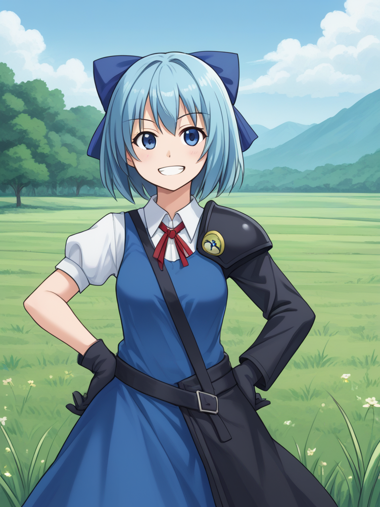1girl, solo, adventchirno, blue hair, short hair, hair bow, blue bow, blue eyes, dress, neck ribbon, red ribbon, black gloves, asymmetrical sleeves, mismatched sleeves, single shoulder pad, strap, waist cape, outdoors, meadow, grass, standing, hands on hips, grin, smile, cowboy shot