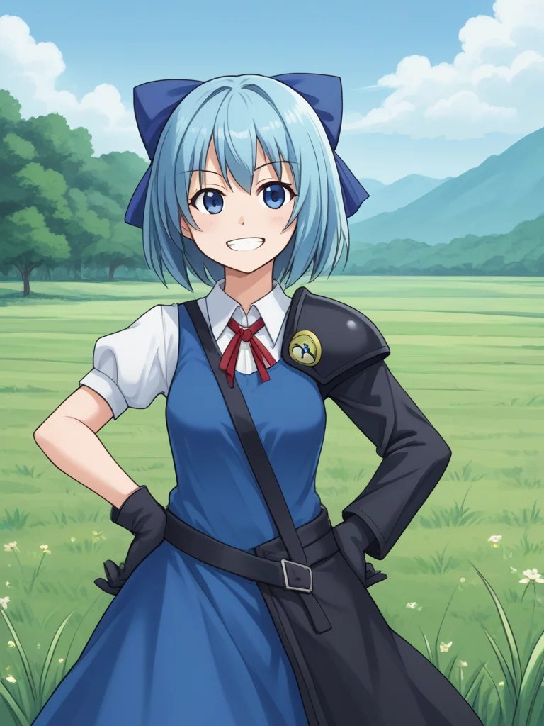 1girl, solo, adventchirno, blue hair, short hair, hair bow, blue bow, blue eyes, dress, neck ribbon, red ribbon, black gloves, asymmetrical sleeves, mismatched sleeves, single shoulder pad, strap, waist cape, outdoors, meadow, grass, standing, hands on hips, grin, smile, cowboy shot