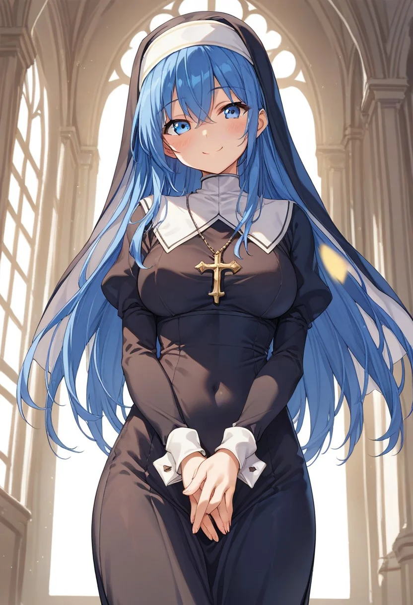 score_9, score_8_up, score_7_up, masterpiece, high quality, source_anime, 1girl, solo, cowboy shot, indoors, smile, blush, nun,
lilinafeh, blue eyes, blue hair, long hair,
