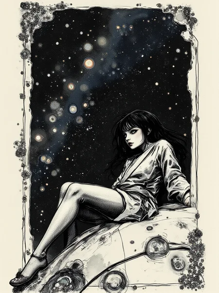An illustrated image of a woman in traditional Japanese attire sitting on the roof of a spaceship.
<lora:InkEdgeMono-Complex_Epoch-08:0.9> 1NK3D63-M0N-C0M,
<lora:inkedgemono-simple_epoch-08:0.6> 1NK3D63SIM,
background is <lora:Midjourney_Whisper_AgateX_v1:0.6>, border is lotus flowers,
<lora:Midjourney_Whisper_Minimal:0.9>